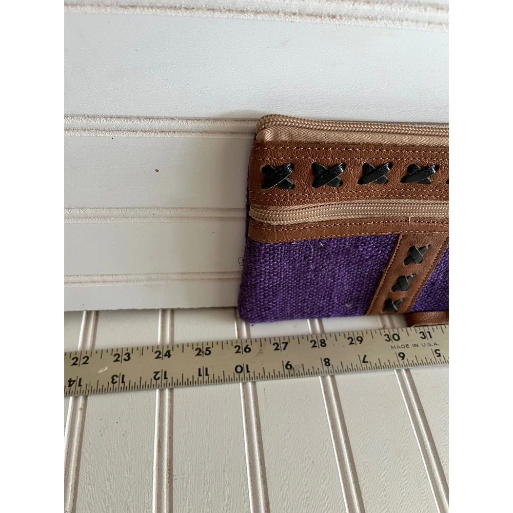 Purple Jute and Brown Faux Leather Wristlet Clutch Boho Cross Stitch Pouch Bag